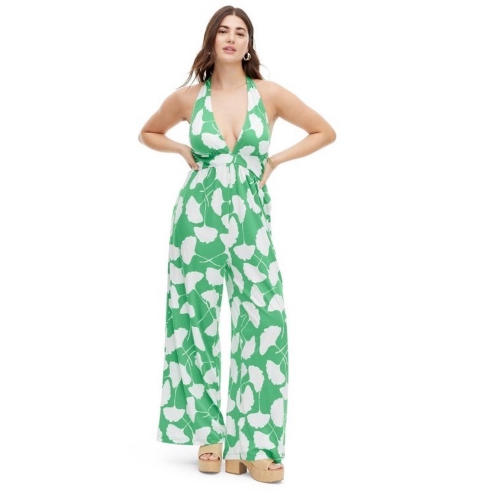 Diane von Furstenberg Women's Halter Jumpsuit Deep V-Neck, Ginkgo Green new